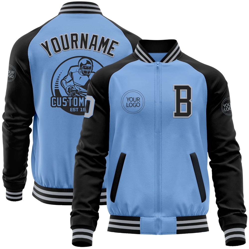 Custom Light Blue Gray Black Bomber Varsity Baseball Jacket, Custom Team Jacket Custom Light Blue Gray Black Bomber Varsity Baseball Jacket, Custom Team Jacket
