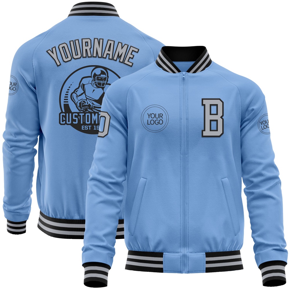 Custom Light Blue Gray Black Bomber Varsity Letterman Zipper Jacket, Custom Team Jacket Custom Light Blue Gray Black Bomber Varsity Letterman Zipper Jacket, Custom Team Jacket