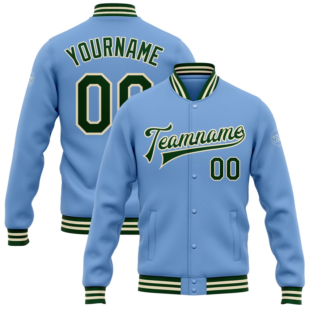 Custom Light Blue Green Cream Bomber Full Snap Baseball Jacket, Custom Team Jacket