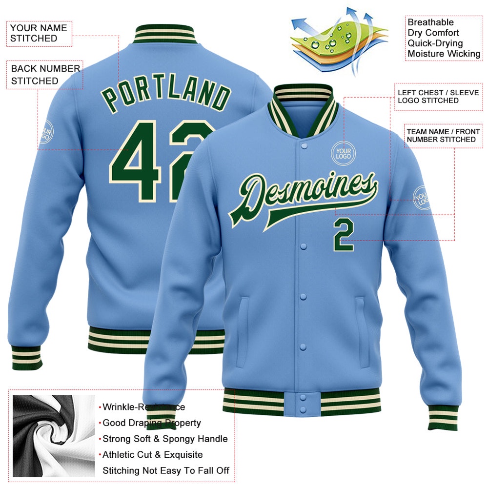 Custom Light Blue Green Cream Bomber Full Snap Baseball Jacket, Custom Team Jacket