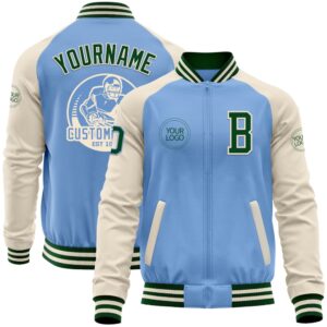 Custom Light Blue Green Cream Bomber Varsity…
