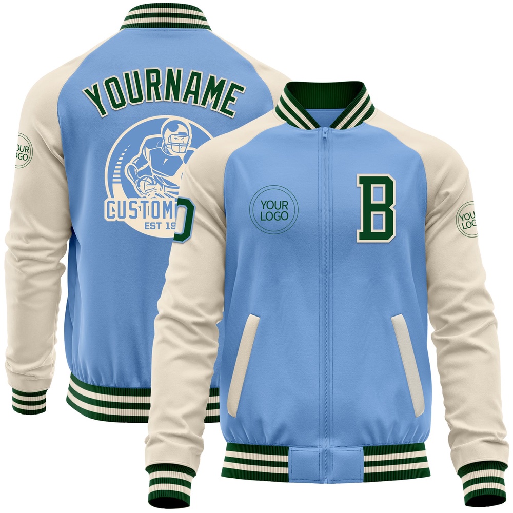 Custom Light Blue Green Cream Bomber Varsity Baseball Jacket, Custom Team Jacket