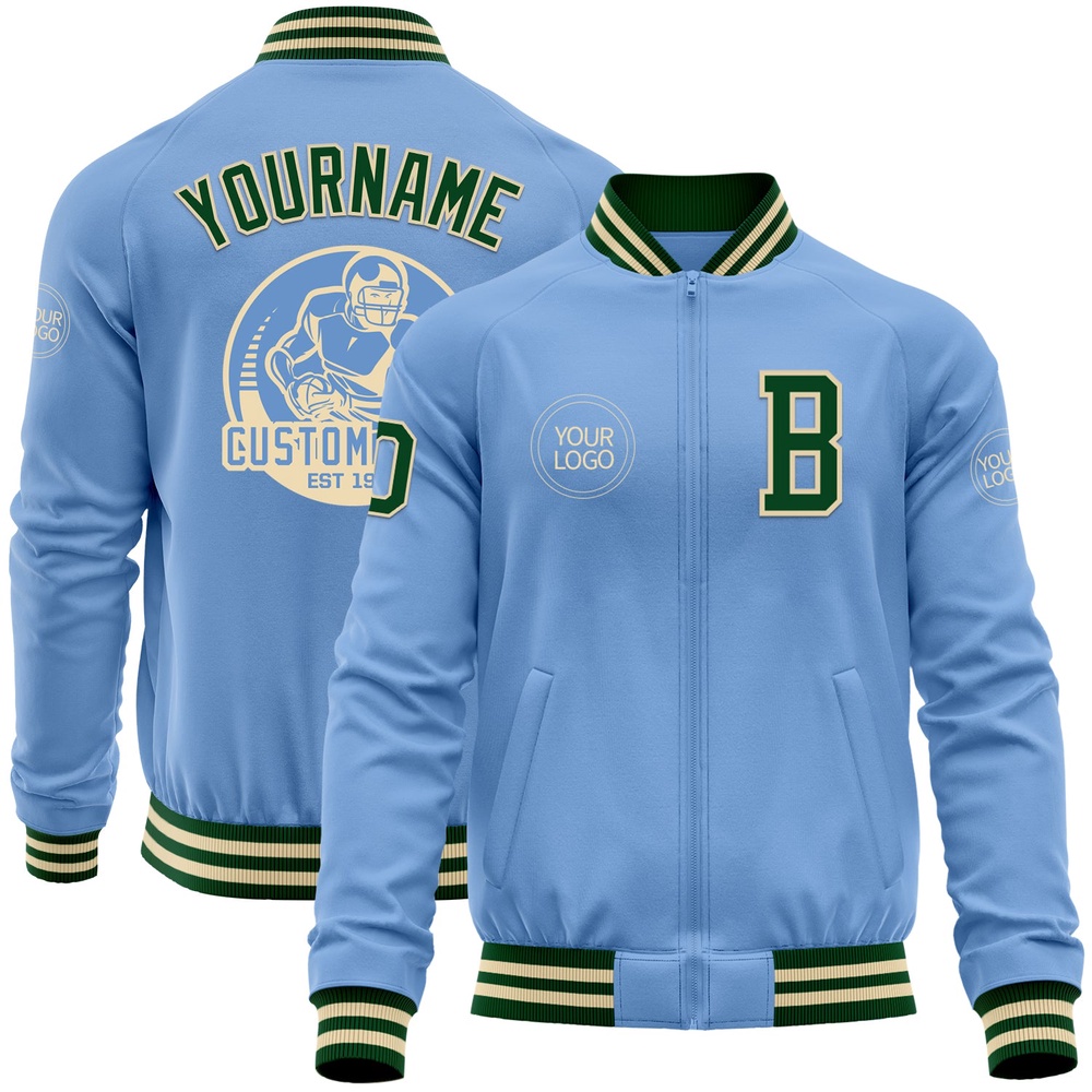 Custom Light Blue Green Cream Bomber Varsity Letterman Zipper Jacket, Custom Team Jacket