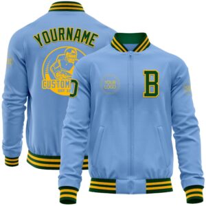 Custom Light Blue Green Gold Bomber Varsity…