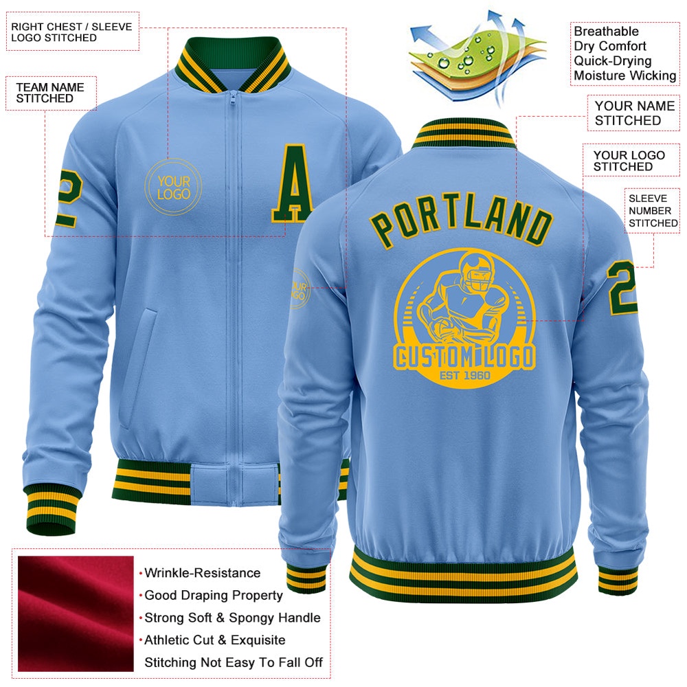 Custom Light Blue Green Gold Bomber Varsity Baseball Jacket, Custom Team Jacket