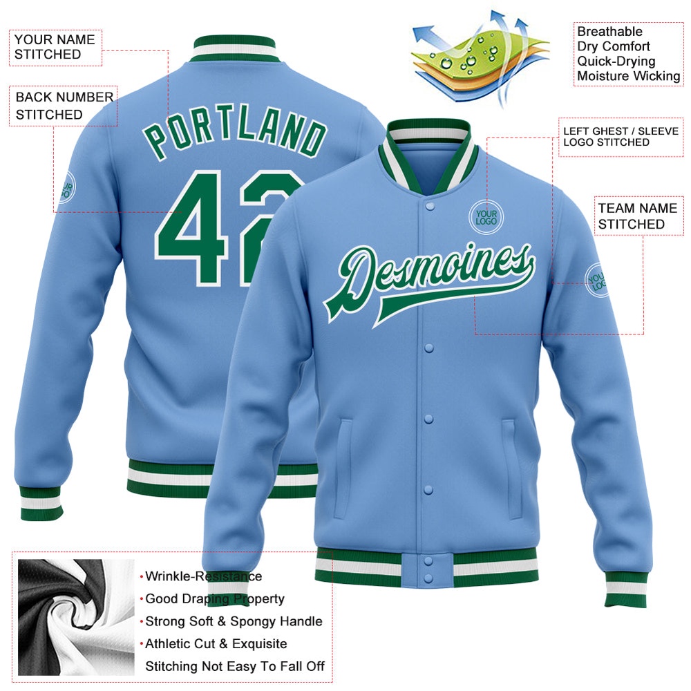 Custom Light Blue Kelly Green White Bomber Full Snap Baseball Jacket, Custom Team Jacket