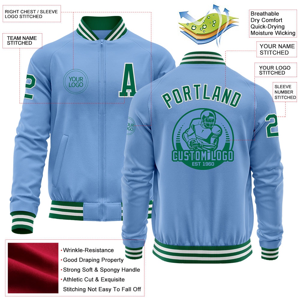 Custom Light Blue Kelly Green White Bomber Varsity Baseball Jacket, Custom Team Jacket