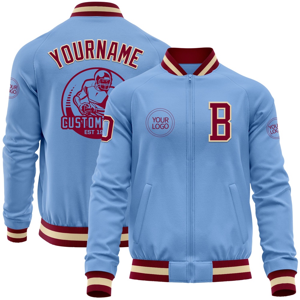 Custom Light Blue Maroon Cream Bomber Varsity Baseball Jacket, Custom Team Jacket