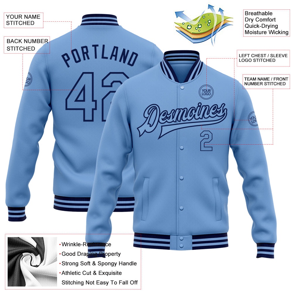Custom Light Blue Navy Bomber Full Snap Baseball Jacket, Custom Team Jacket