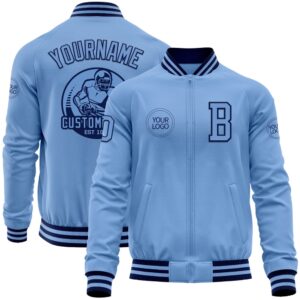 Custom Light Blue Navy Bomber Varsity Baseball…