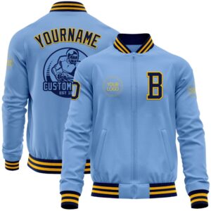 Custom Light Blue Navy Gold Bomber Varsity…