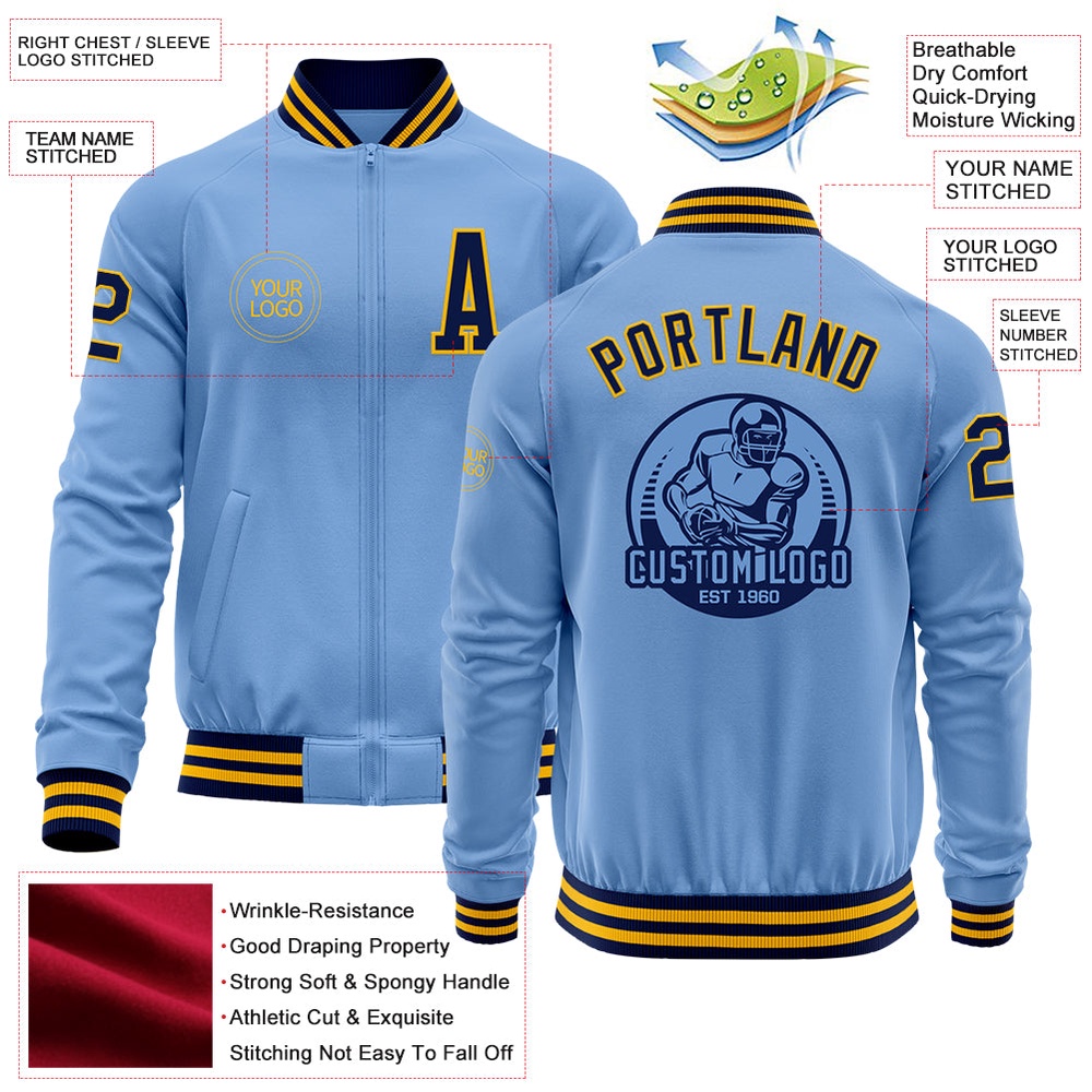 Custom Light Blue Navy Gold Bomber Varsity Baseball Jacket, Custom Team Jacket Custom Light Blue Navy Gold Bomber Varsity Baseball Jacket, Custom Team Jacket