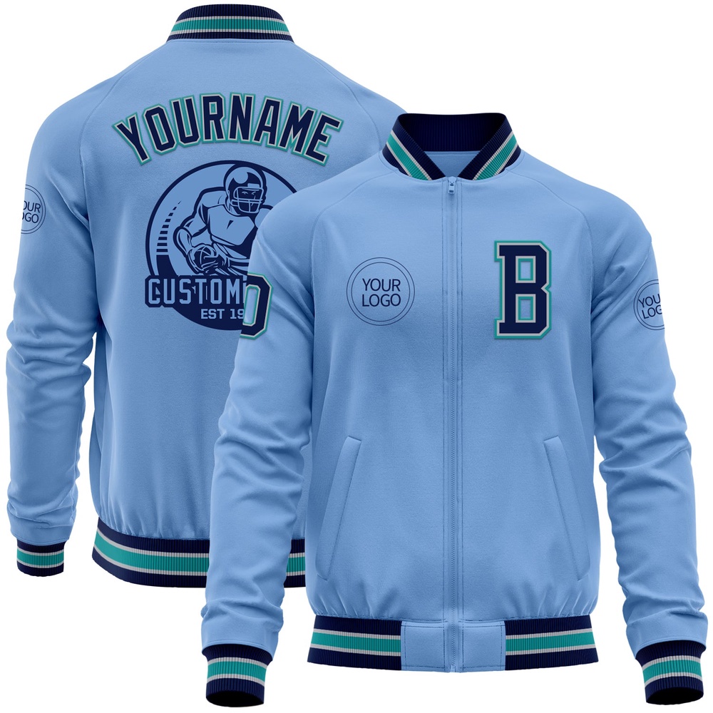 Custom Light Blue Navy Gray Teal Bomber Varsity Baseball Jacket, Custom Team Jacket