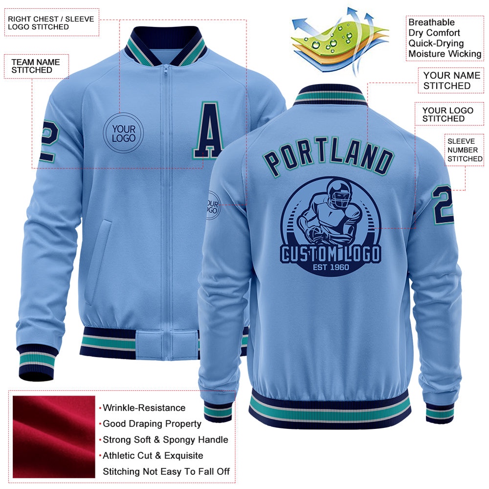Custom Light Blue Navy Gray Teal Bomber Varsity Baseball Jacket, Custom Team Jacket