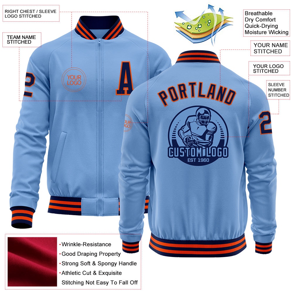Custom Light Blue Navy Orange Bomber Varsity Baseball Jacket, Custom Team Jacket