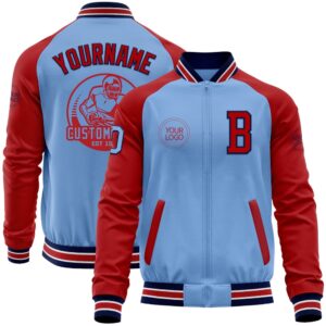 Custom Light Blue Navy Red Bomber Varsity…