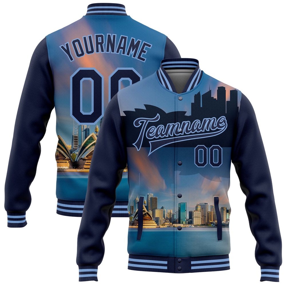 Custom Light Blue Navy Sydney Australia City Edition 3D Bomber Full Snap Baseball Jacket, Custom Team Jacket
