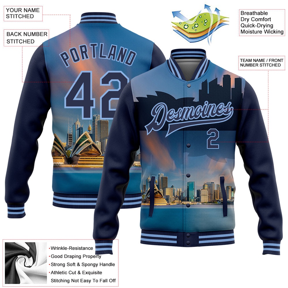Custom Light Blue Navy Sydney Australia City Edition 3D Bomber Full Snap Baseball Jacket, Custom Team Jacket