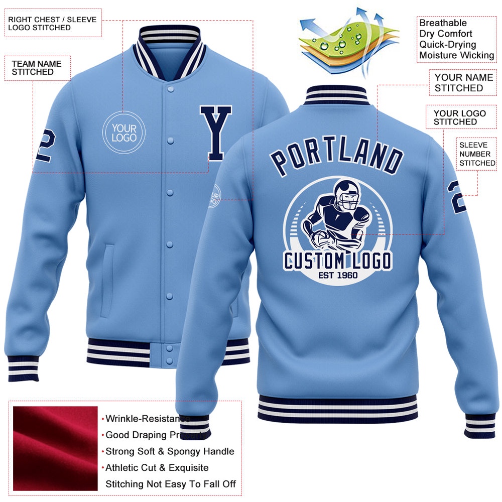Custom Light Blue Navy White Bomber Full Snap Baseball Jacket, Custom Team Jacket