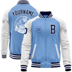 Custom Light Blue Navy White Bomber Varsity…