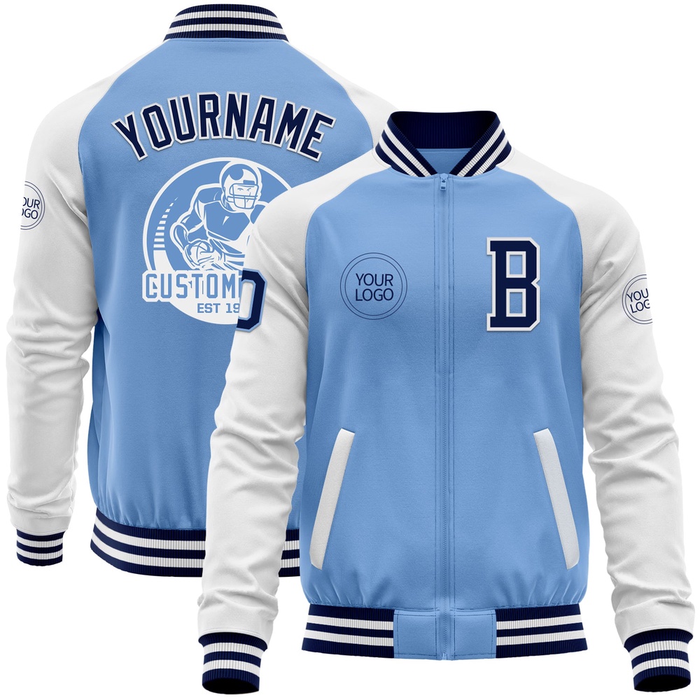Custom Light Blue Navy White Bomber Varsity Baseball Jacket, Custom Team Jacket