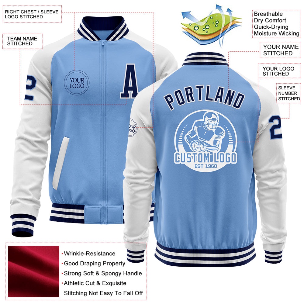Custom Light Blue Navy White Bomber Varsity Baseball Jacket, Custom Team Jacket