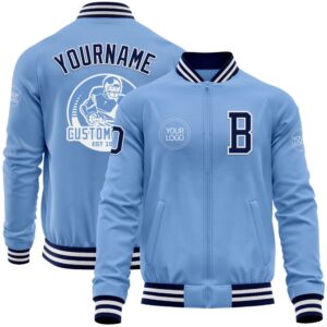 Custom Light Blue Navy White Bomber Varsity…