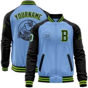 Custom Light Blue Neon Green Black Bomber…