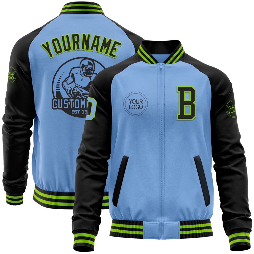 Custom Light Blue Neon Green Black Bomber Varsity Baseball Jacket, Custom Team Jacket