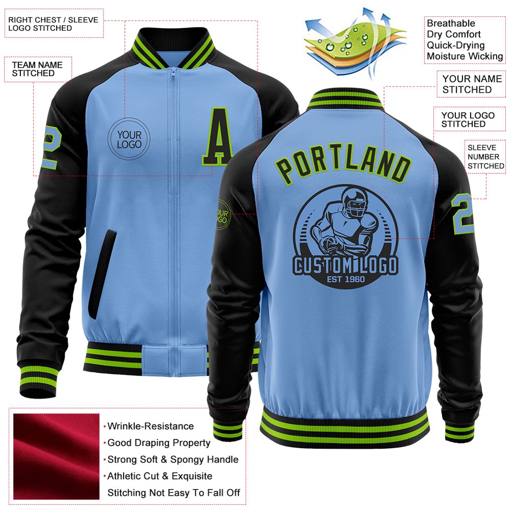 Custom Light Blue Neon Green Black Bomber Varsity Baseball Jacket, Custom Team Jacket