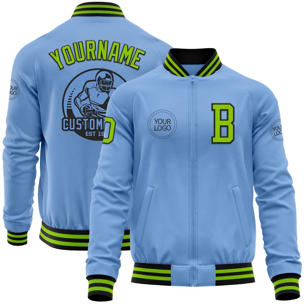Custom Light Blue Neon Green Black Bomber Varsity Letterman Zipper Jacket, Custom Team Jacket