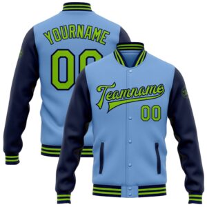 Custom Light Blue Neon Green Navy Bomber…