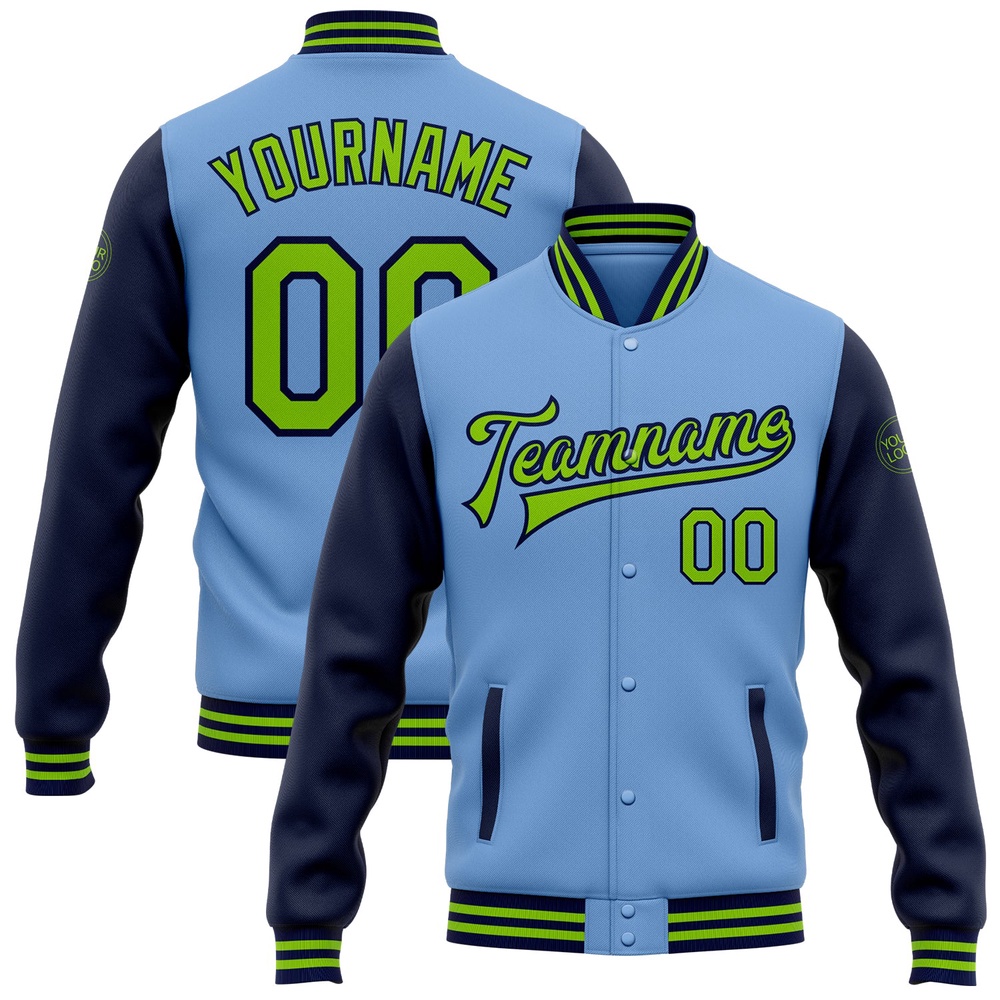 Custom Light Blue Neon Green Navy Bomber Full Snap Varsity Baseball Jacket, Custom Team Jacket