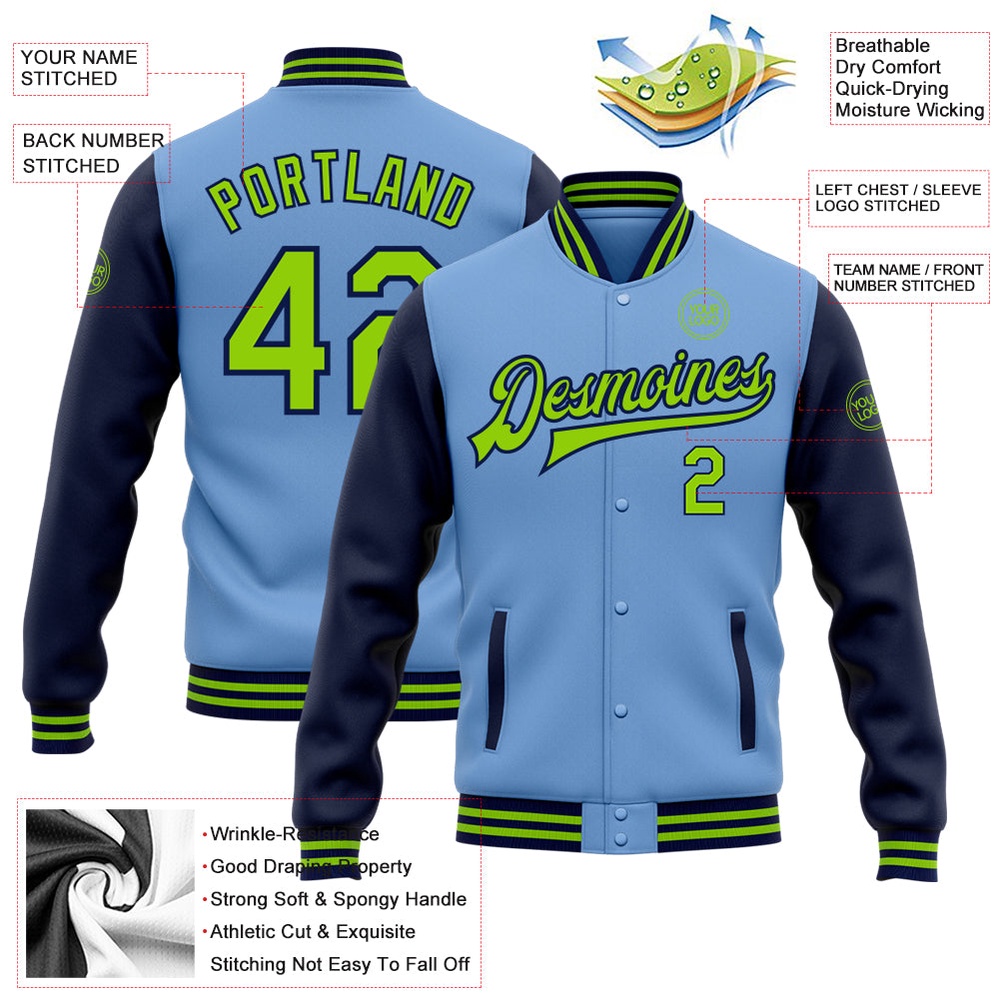 Custom Light Blue Neon Green Navy Bomber Full Snap Varsity Baseball Jacket, Custom Team Jacket