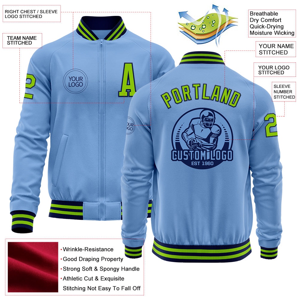 Custom Light Blue Neon Green Navy Bomber Varsity Baseball Jacket, Custom Team Jacket