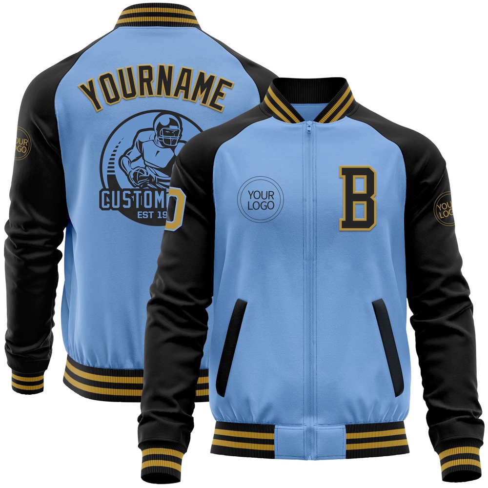 Custom Light Blue Old Gold Black Bomber Varsity Baseball Jacket, Custom Team Jacket