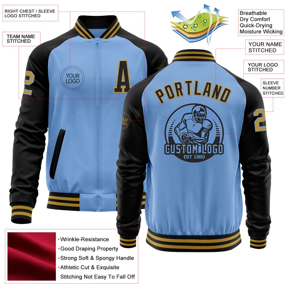 Custom Light Blue Old Gold Black Bomber Varsity Baseball Jacket, Custom Team Jacket
