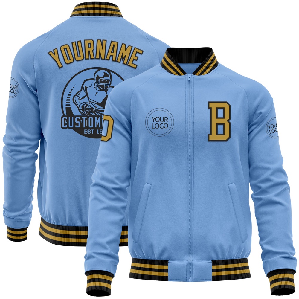 Custom Light Blue Old Gold Black Bomber Varsity Letterman Zipper Jacket, Custom Team Jacket