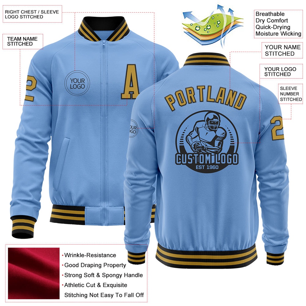 Custom Light Blue Old Gold Black Bomber Varsity Letterman Zipper Jacket, Custom Team Jacket