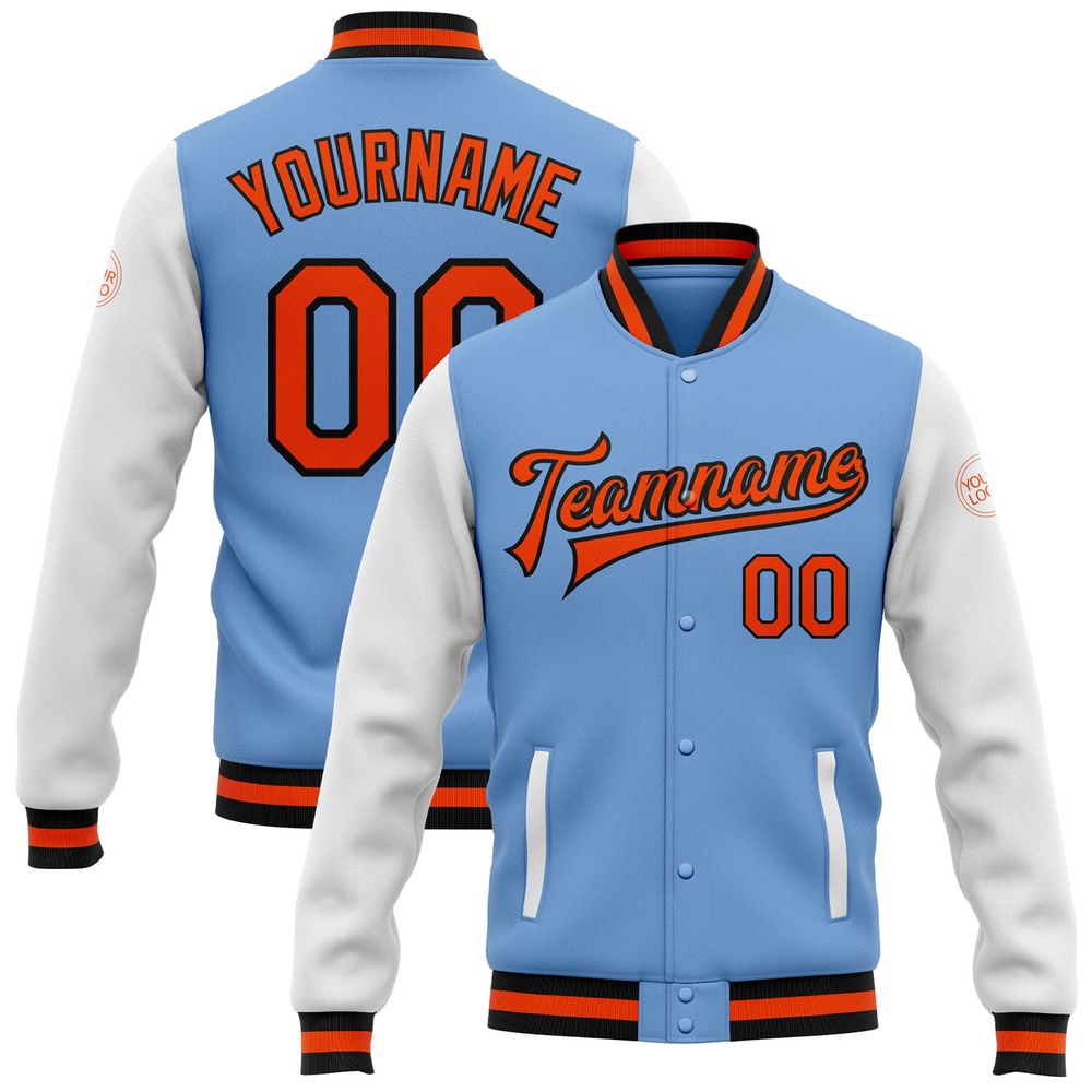 Custom Light Blue Orange Black Bomber Full Snap Varsity Baseball Jacket, Custom Team Jacket