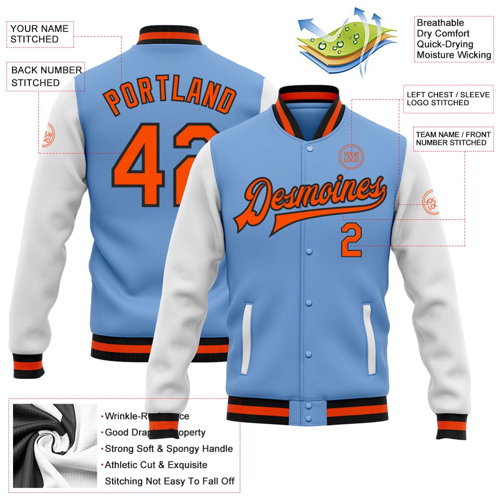 Custom Light Blue Orange Black Bomber Full Snap Varsity Baseball Jacket, Custom Team Jacket