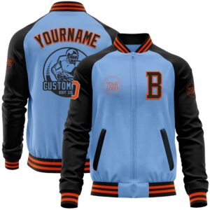 Custom Light Blue Orange Black Bomber Varsity…