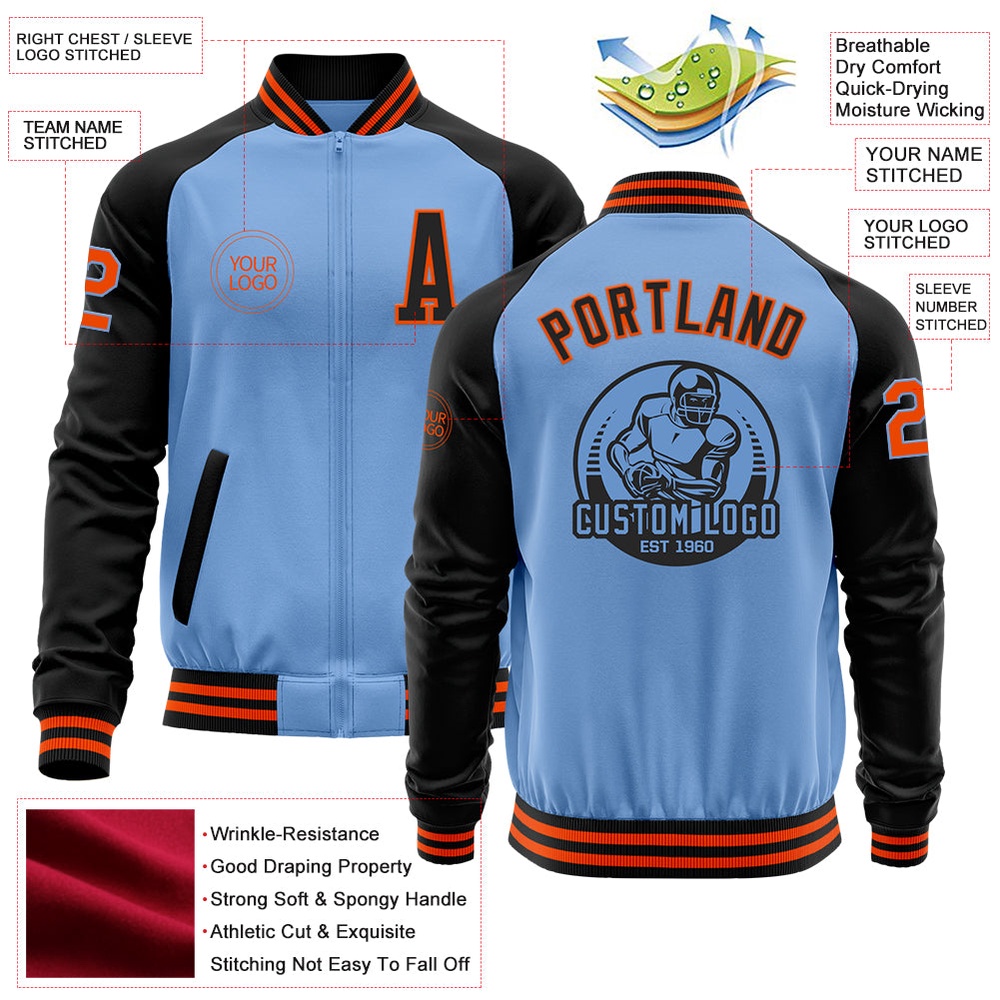 Custom Light Blue Orange Black Bomber Varsity Baseball Jacket, Custom Team Jacket