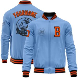 Custom Light Blue Orange Black Bomber Varsity…