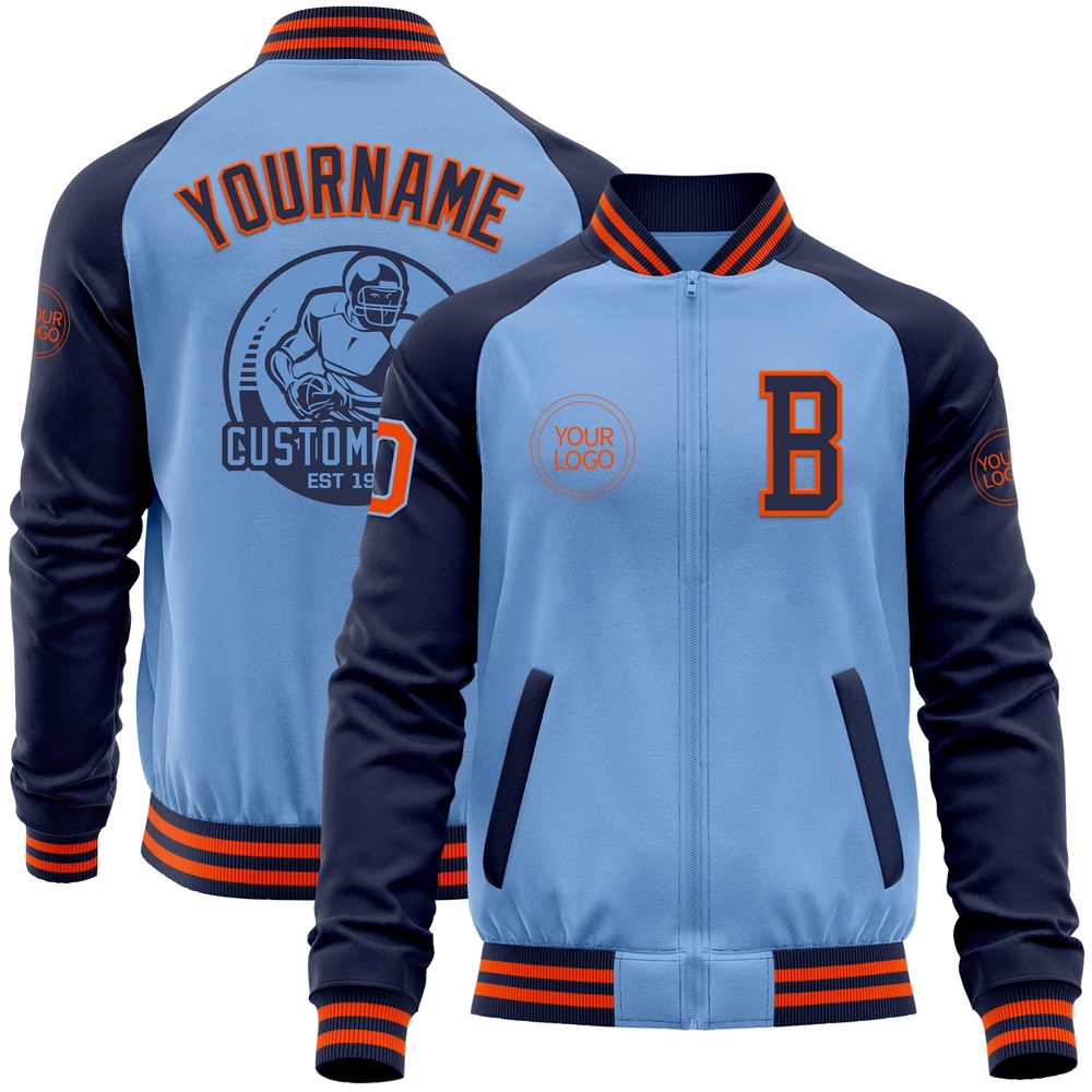 Custom Light Blue Orange Navy Bomber Varsity Baseball Jacket, Custom Team Jacket