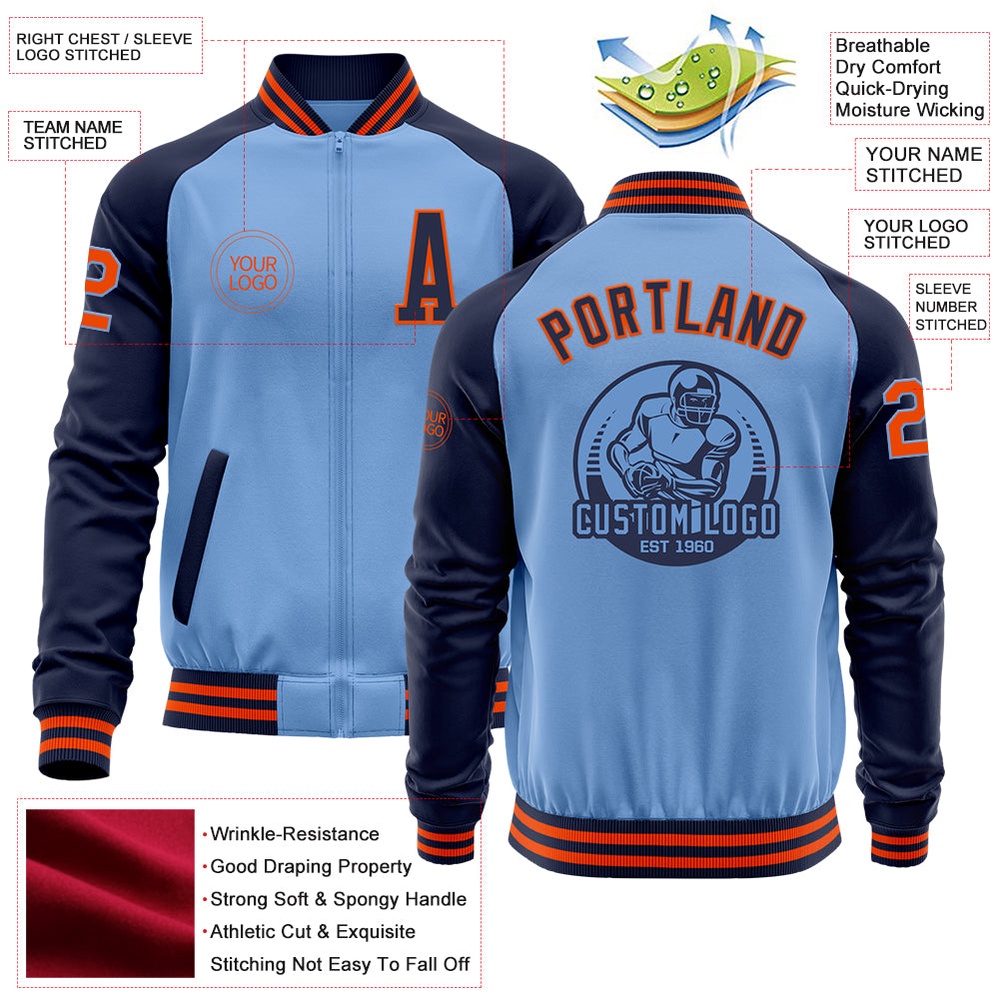 Custom Light Blue Orange Navy Bomber Varsity Baseball Jacket, Custom Team Jacket