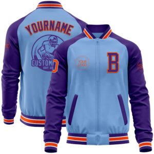 Custom Light Blue Orange Purple Bomber Varsity…