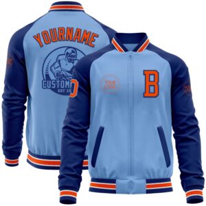 Custom Light Blue Orange Royal Bomber Varsity…