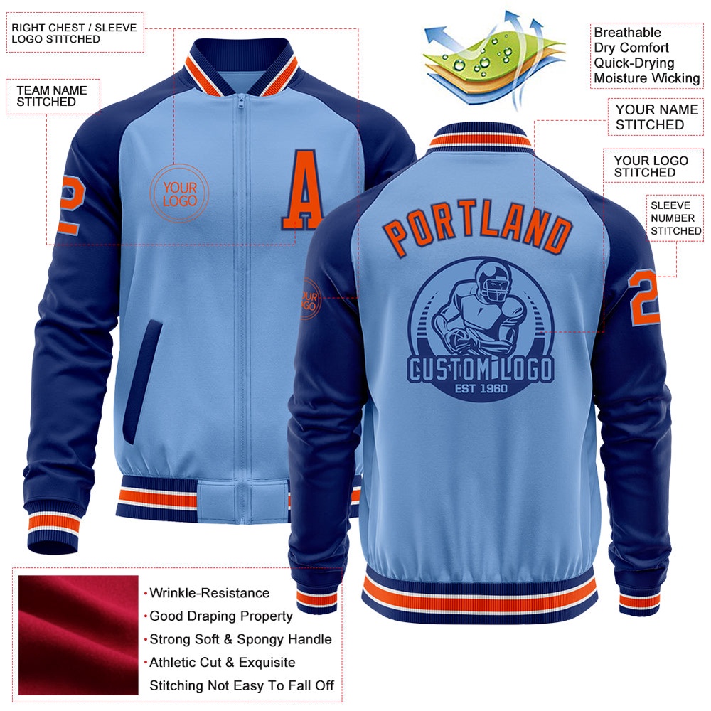 Custom Light Blue Orange Royal Bomber Varsity Baseball Jacket, Custom Team Jacket