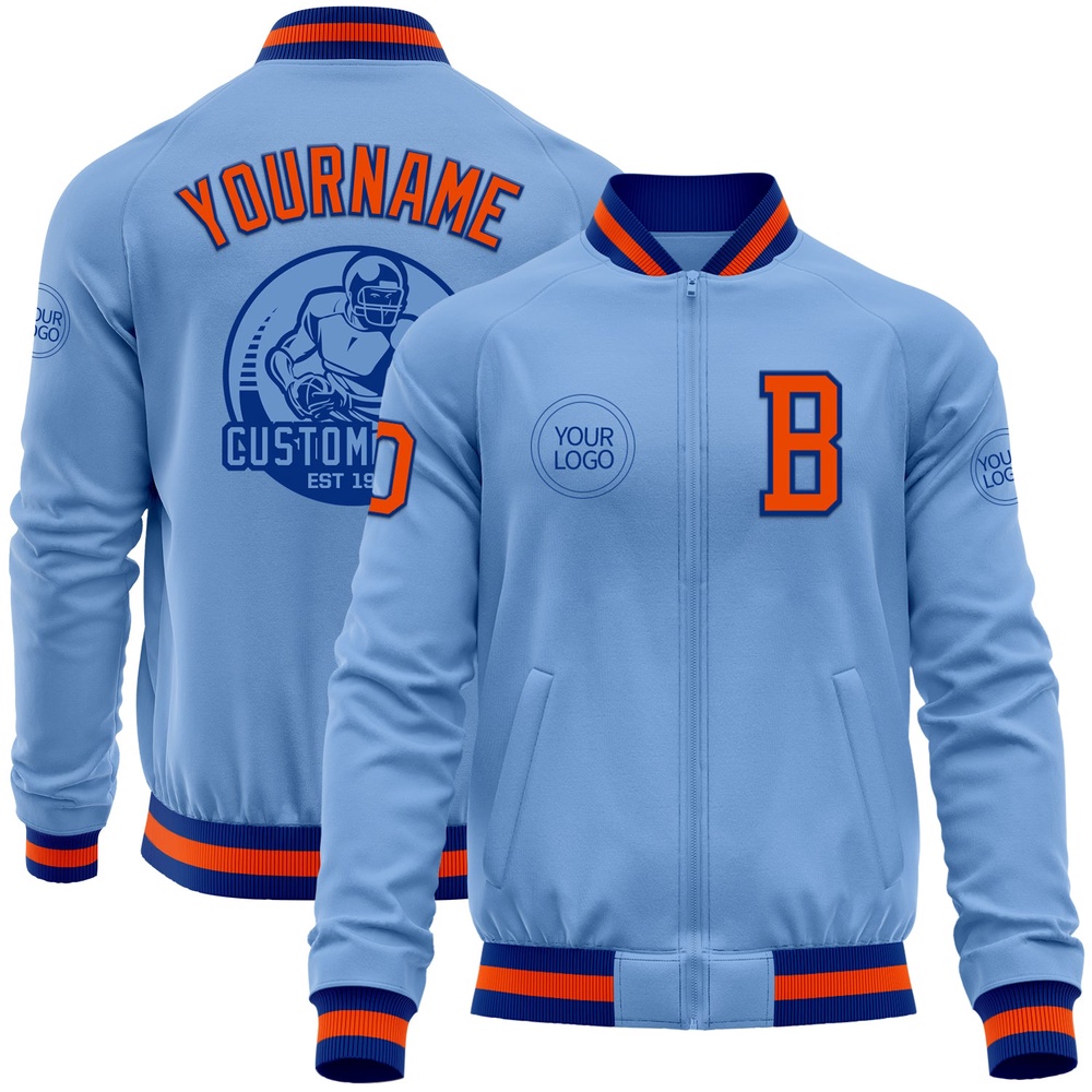 Custom Light Blue Orange Royal Bomber Varsity Letterman Zipper Jacket, Custom Team Jacket
